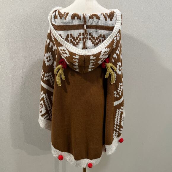 Reindeer Holiday Sweater Poncho Women Medium Ugly Xmas Antler Hood Sequin Bow - Picture 2 of 9